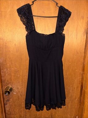 Fashion Nova Black Lace Trim Square Neck A-Line Dress